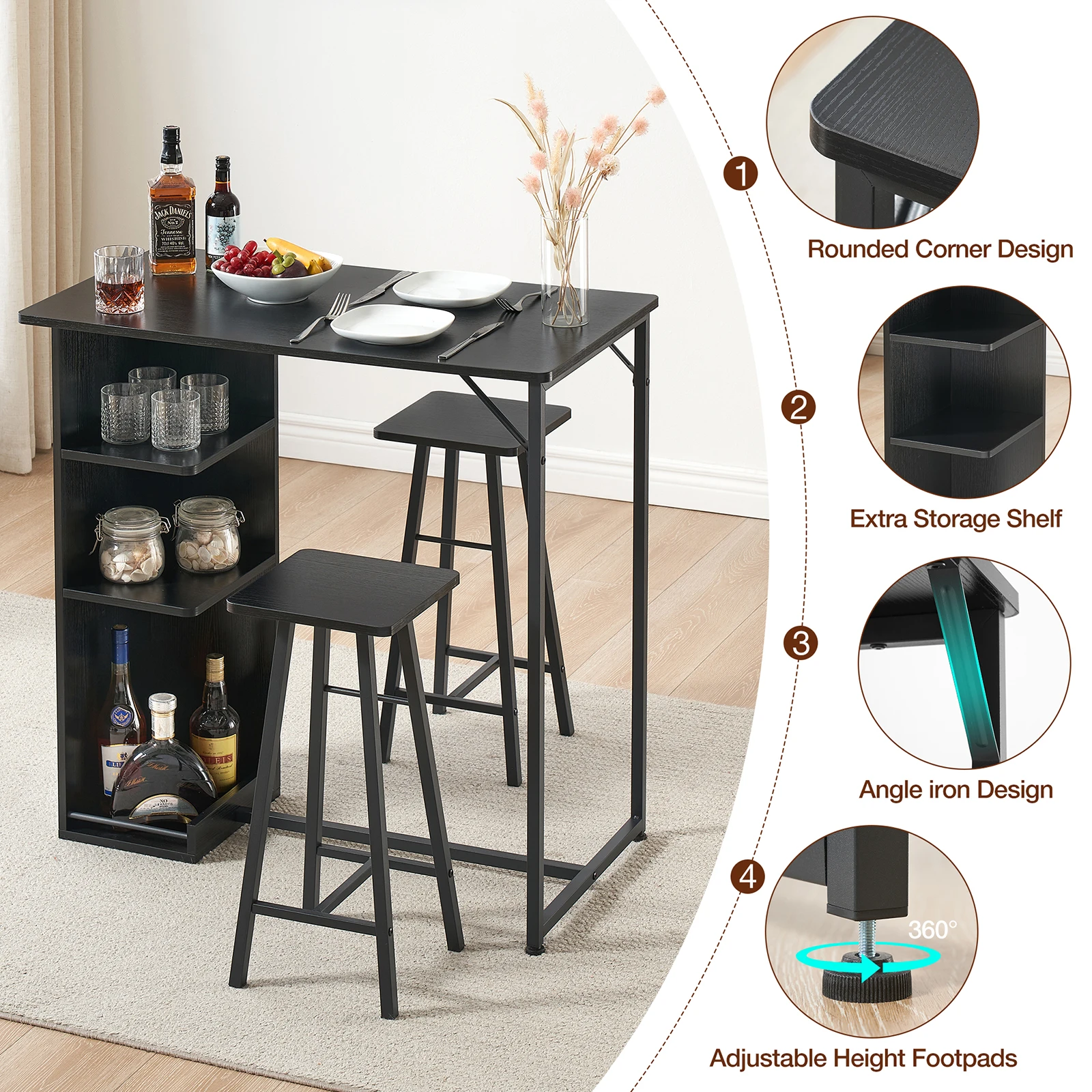 Small Bar Table and Chairs 3-Piece Bar Table Set with 3 Tier Storage Shelves Space Saving Table for Apartment Dining Room