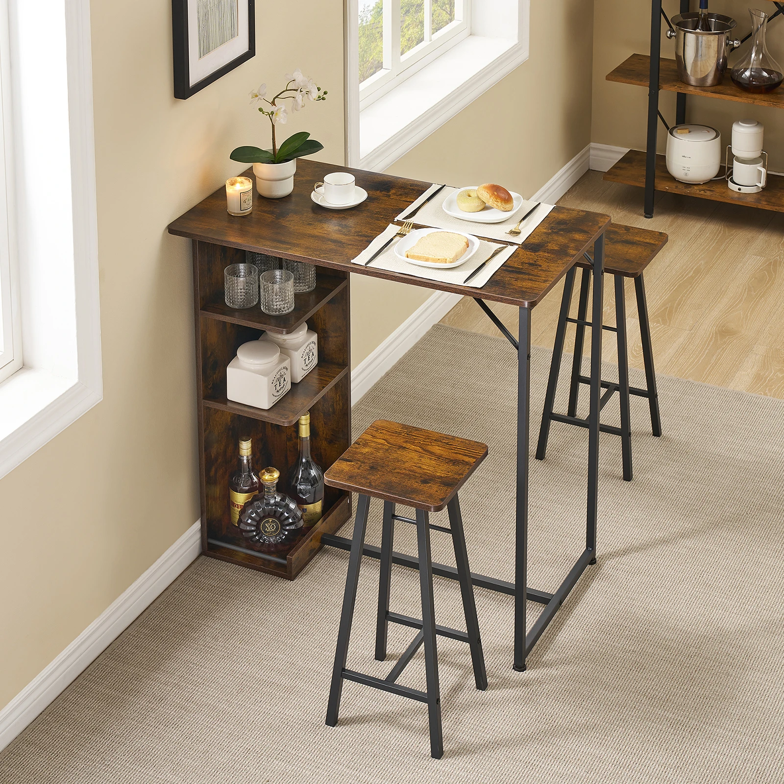 Small Bar Table and Chairs 3-Piece Bar Table Set with 3 Tier Storage Shelves Space Saving Table for Apartment Dining Room