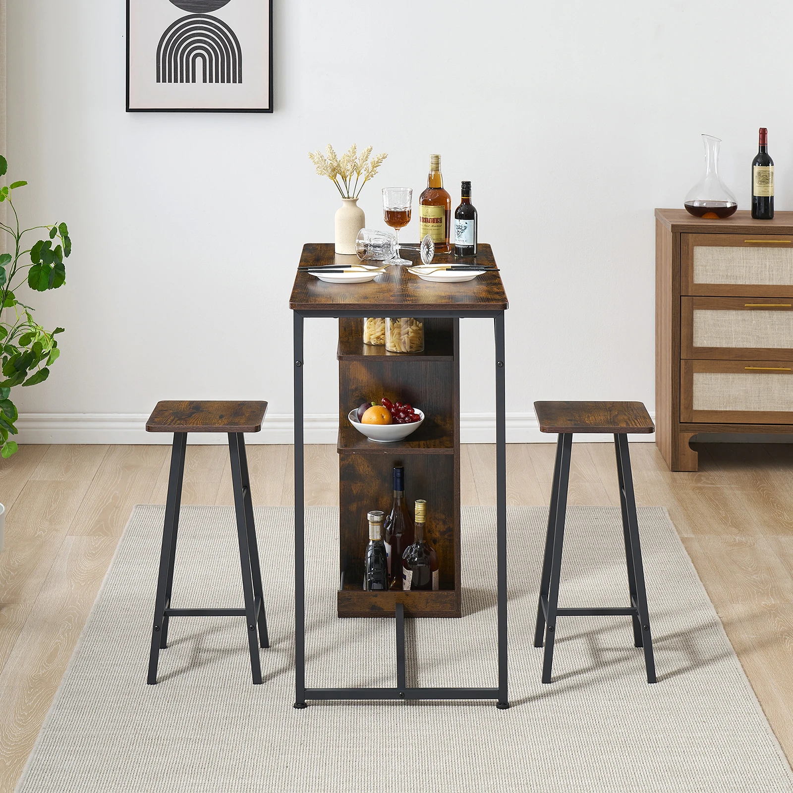 Small Bar Table and Chairs 3-Piece Bar Table Set with 3 Tier Storage Shelves Space Saving Table for Apartment Dining Room