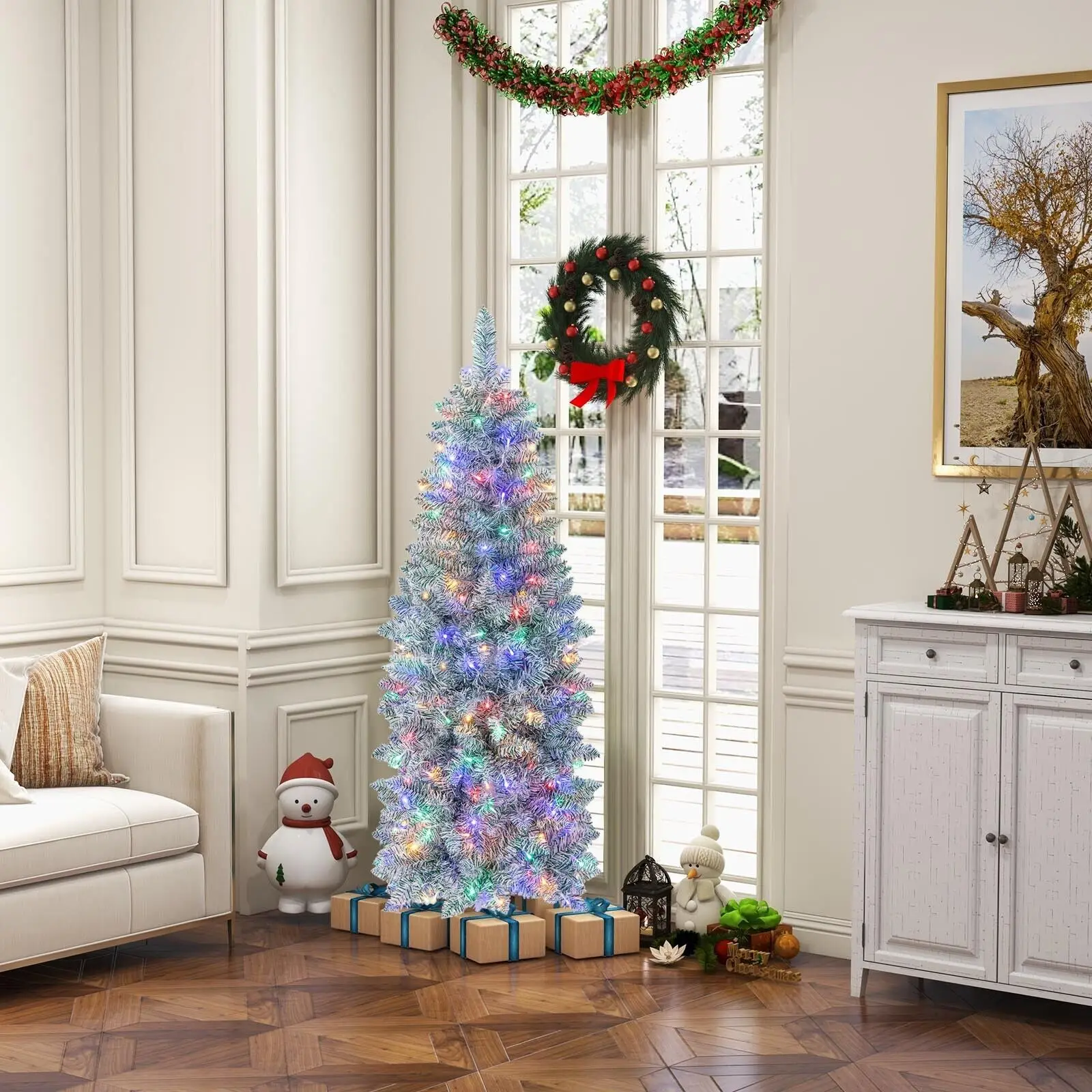 DORTALA 5FT Pre-Lit Artificial Christmas Tree Hinged Pencil Xmas Tree W/ 190 LED Lights