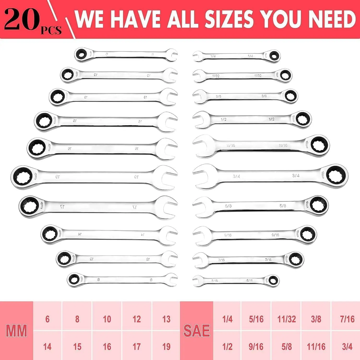 20 Piece Ratchet Spanner Set, SAE/Metric Combination Spanner Set with 72-Teeth Ratchet-Spanner, Cr-V Steel with Tool Bag