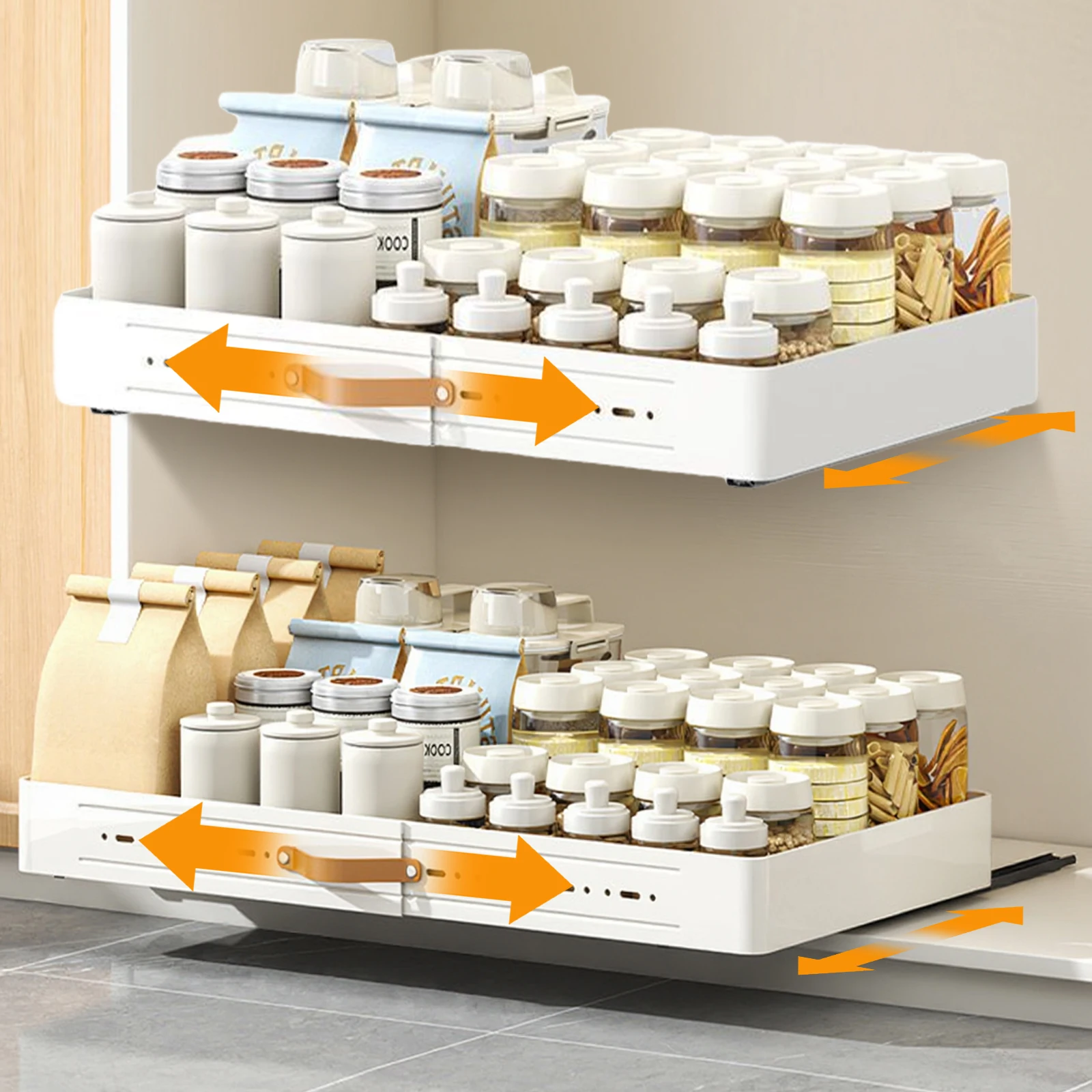 Kitchen Pull Out Cabinet Organizer with Adhesive Expandable Sliding Drawers Storage Tray Seasoning Bottle Spice Storage Rack