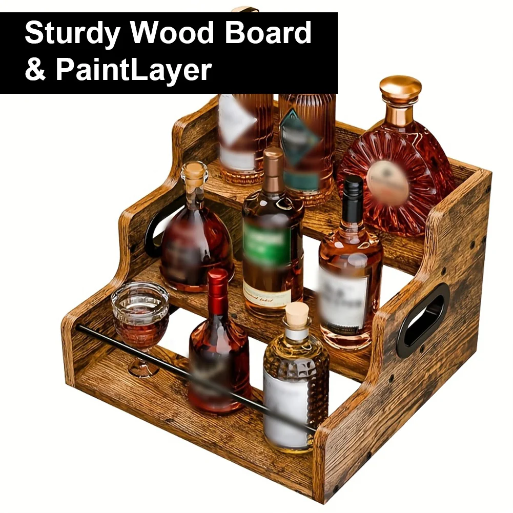 Liquor Bottle Display Shelf 3 Step Countertop Wine Rack Retro Bar Shelf Stand for Liquor Whiskey Spirits
