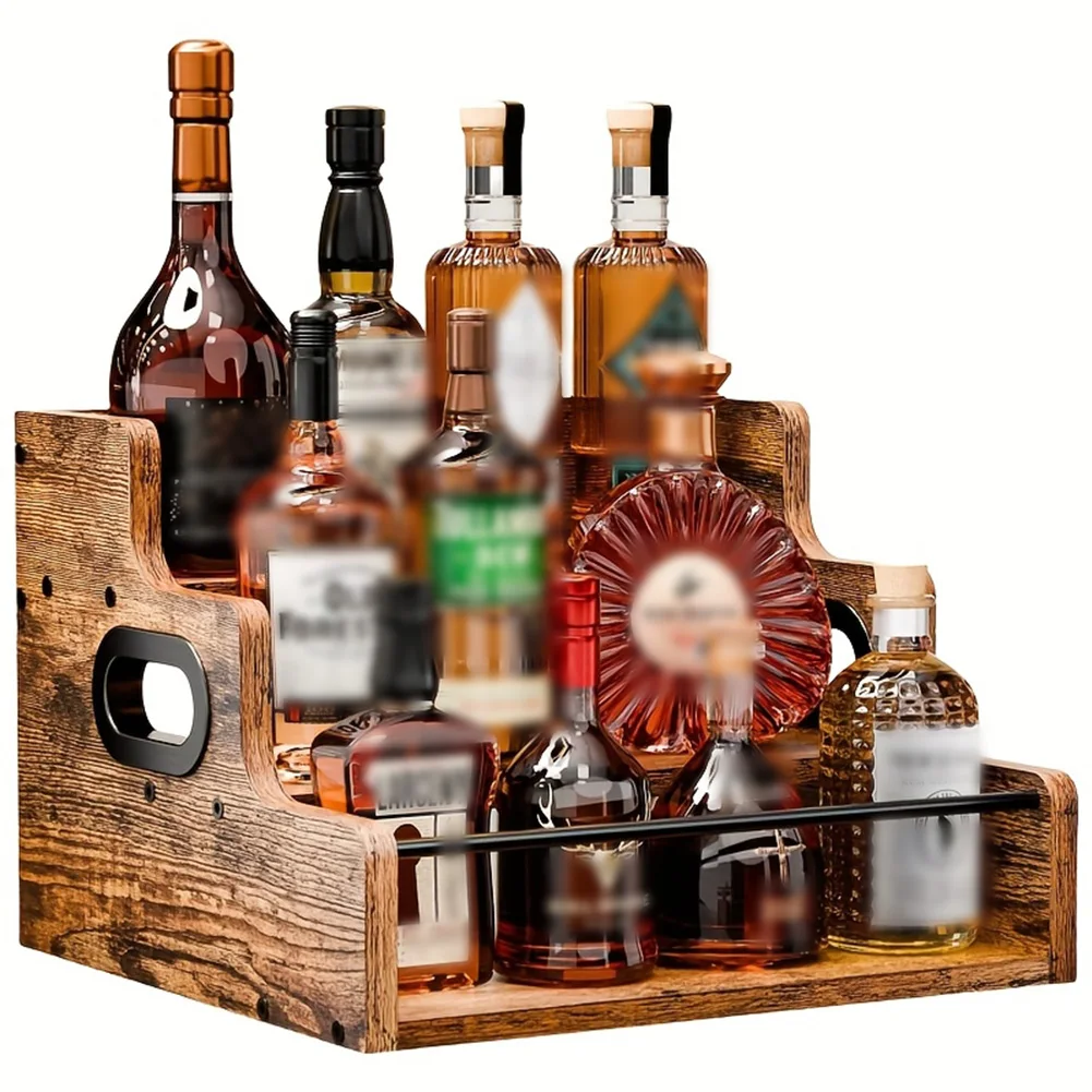 Liquor Bottle Display Shelf 3 Step Countertop Wine Rack Retro Bar Shelf Stand for Liquor Whiskey Spirits