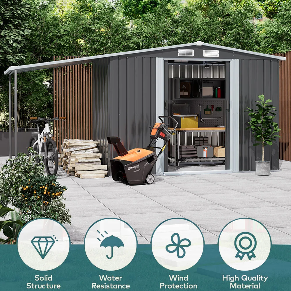 Voltsify Outdoor Metal Firewood Storage Shed with Lean-to Roof Heavy-Duty Powder-Coated Steel Rack Built-In Hooks/Shelf for Logs