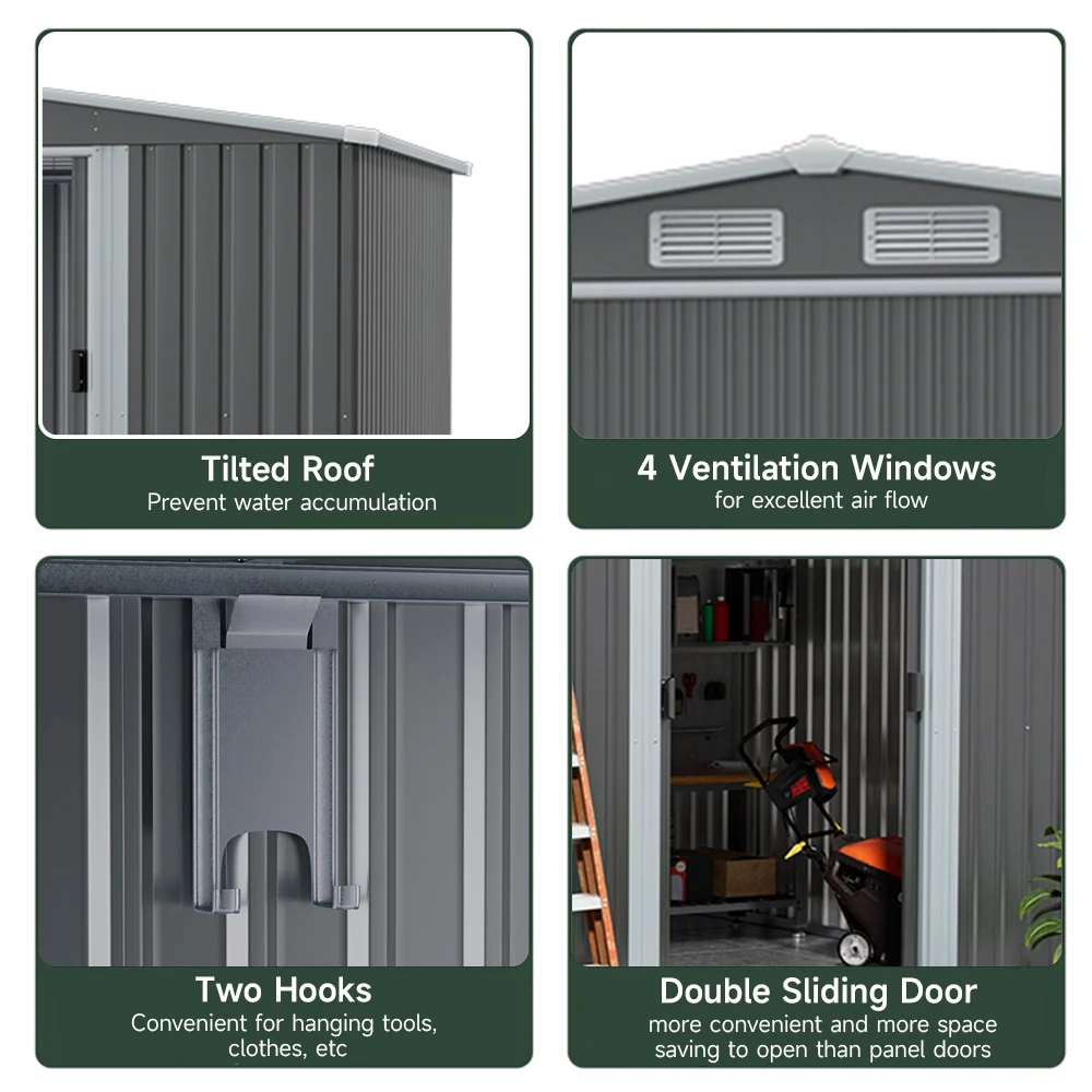 Voltsify Outdoor Metal Firewood Storage Shed with Lean-to Roof Heavy-Duty Powder-Coated Steel Rack Built-In Hooks/Shelf for Logs