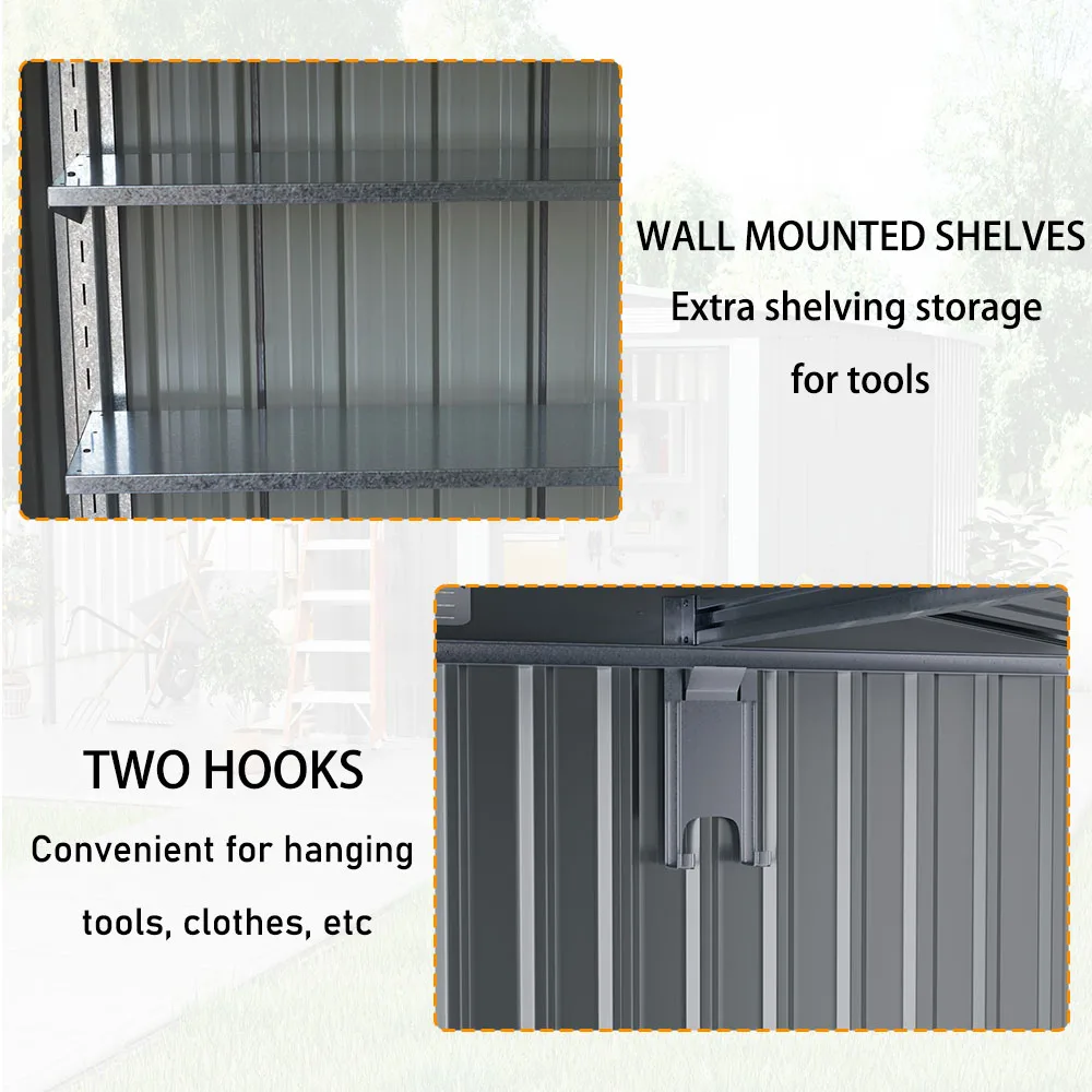 Voltsify Outdoor Metal Firewood Storage Shed with Lean-to Roof Heavy-Duty Powder-Coated Steel Rack Built-In Hooks/Shelf for Logs