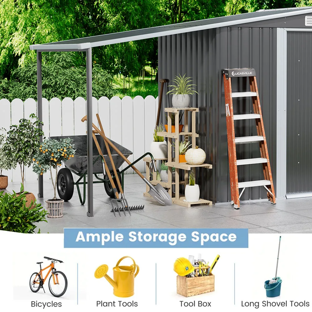 Voltsify Outdoor Metal Firewood Storage Shed with Lean-to Roof Heavy-Duty Powder-Coated Steel Rack Built-In Hooks/Shelf for Logs