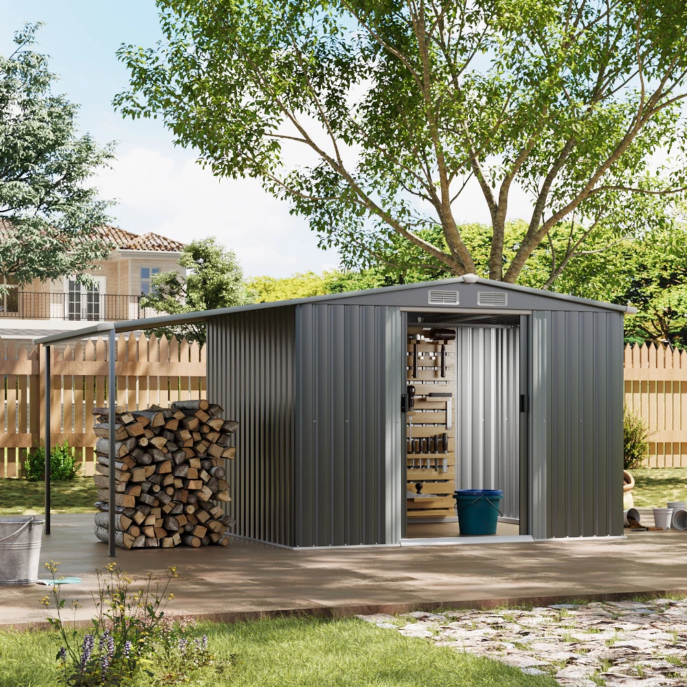 Voltsify Outdoor Metal Firewood Storage Shed with Lean-to Roof Heavy-Duty Powder-Coated Steel Rack Built-In Hooks/Shelf for Logs