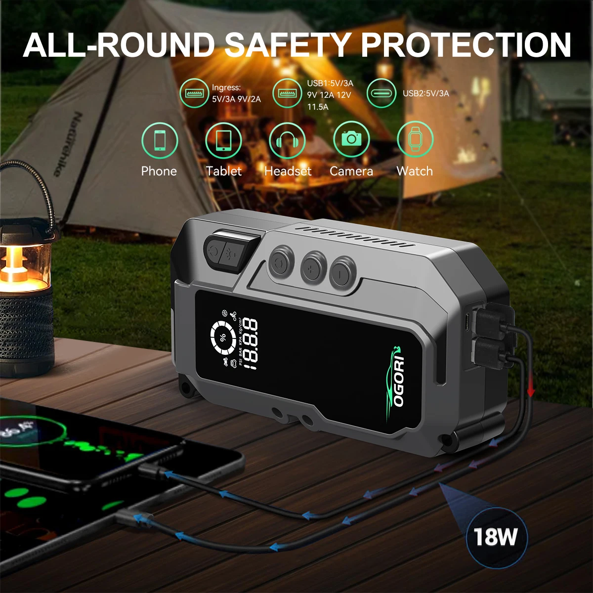 4 in 1 7500A Car Jump Starter With Air Compressor Pack Booster 12V Power Bank QC 3.0 with Flashlight Start Up to All Gas