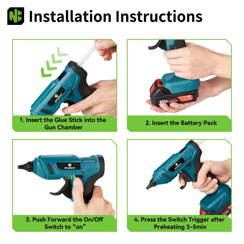 NEWBENY 280°C 100W Electric Hot Melt Glue Gun Cordless Home Graft DIY Repair Tool with 10pcs Glue Sticks for Makita Battery Pin
