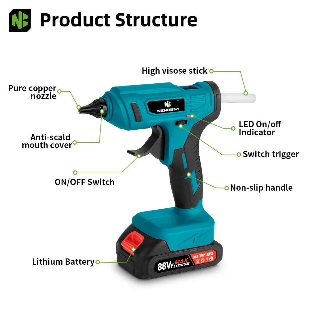 NEWBENY 280°C 100W Electric Hot Melt Glue Gun Cordless Home Graft DIY Repair Tool with 10pcs Glue Sticks for Makita Battery Pin