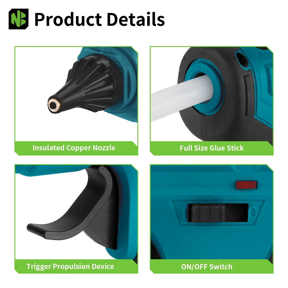 NEWBENY 280°C 100W Electric Hot Melt Glue Gun Cordless Home Graft DIY Repair Tool with 10pcs Glue Sticks for Makita Battery Pin