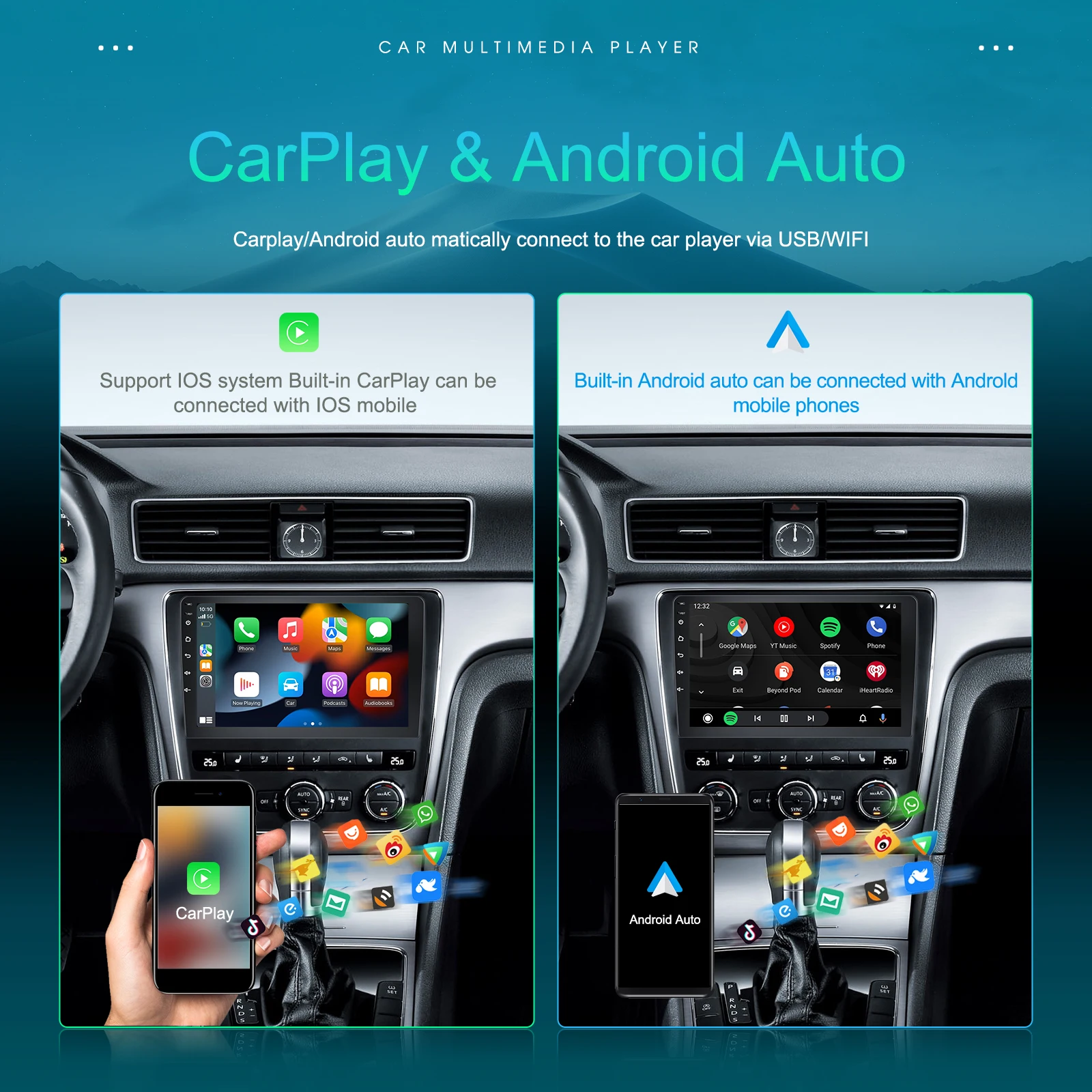 Podofo Wireless CarPlay Android Auto Car Stereo Radio 10''2+64GB 2Din Universal Car Multimedia Player BT GPS FM WIFI Autoradio