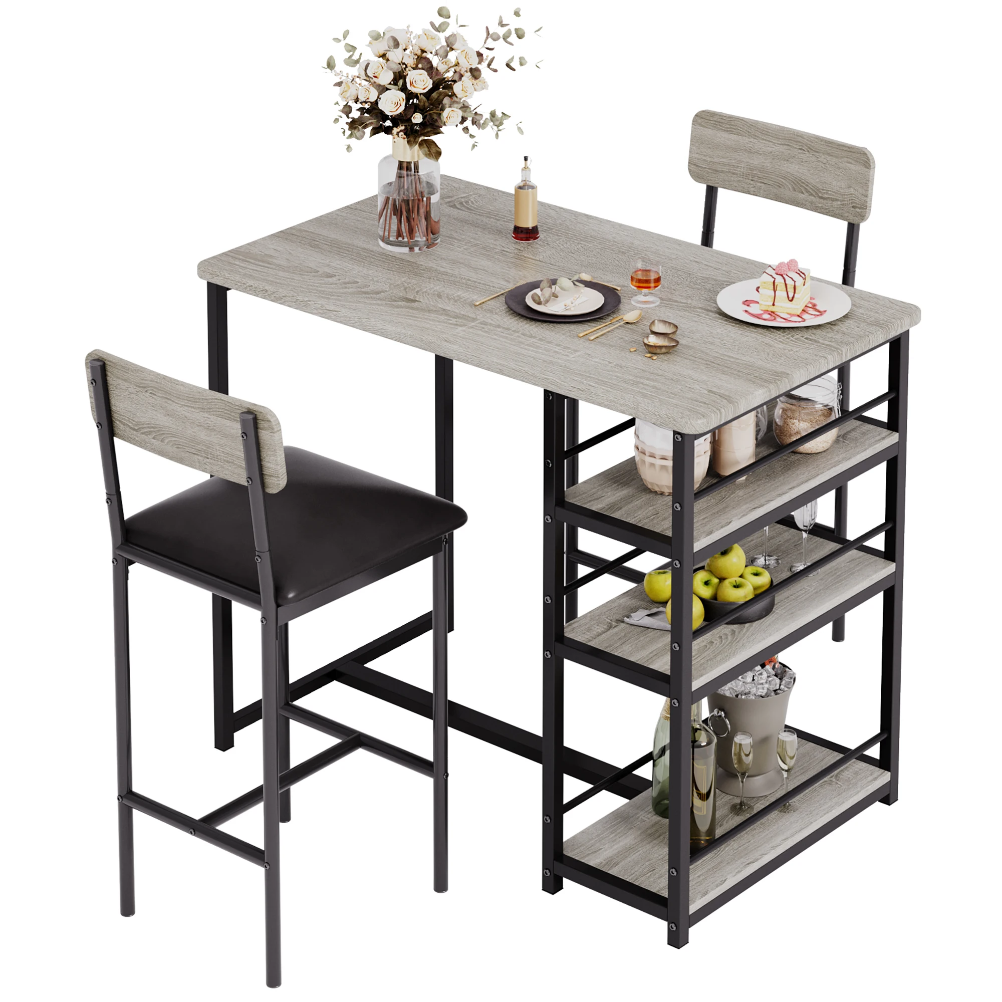 3-Piece Table Set Dining Table Wooden Tabletop Table & Upholstered Chairs for 2 Modern Kitchen Table with Chairs Space-Saving