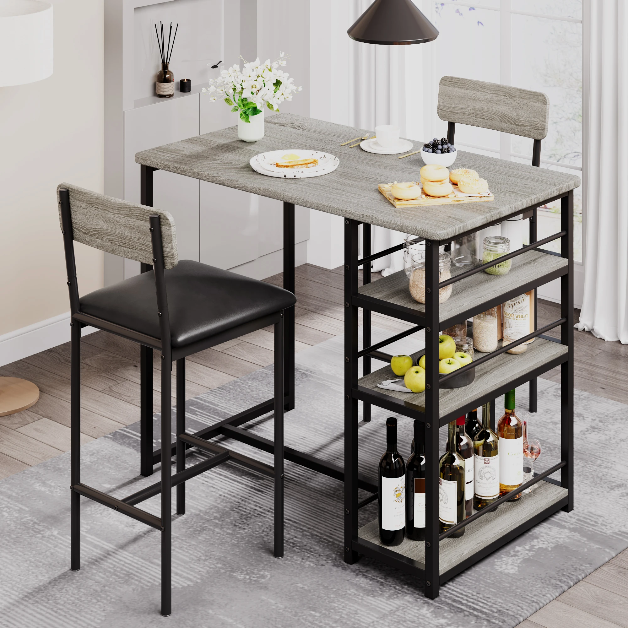 3-Piece Table Set Dining Table Wooden Tabletop Table & Upholstered Chairs for 2 Modern Kitchen Table with Chairs Space-Saving