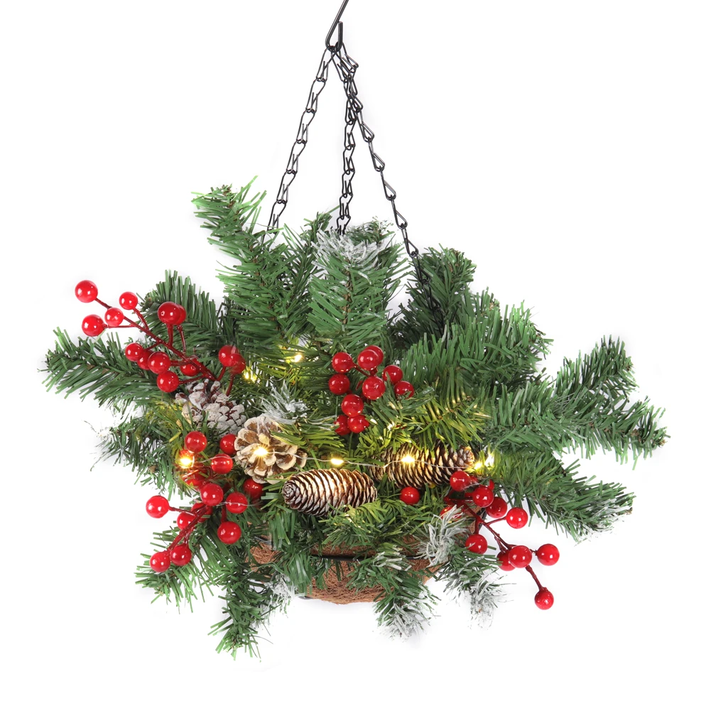 Voltsify Pre Lit Artificial Christmas Hanging Basket with Frosted Pine Cone