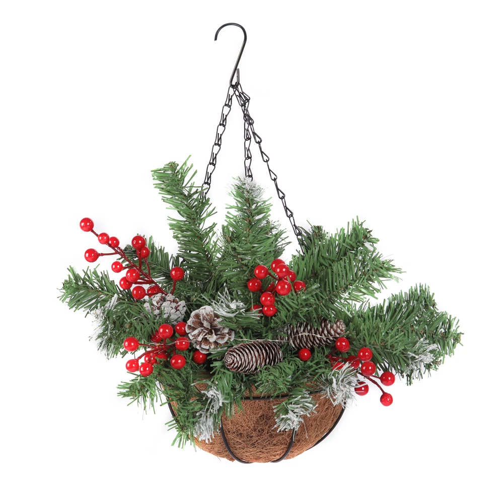 Voltsify Pre Lit Artificial Christmas Hanging Basket with Frosted Pine Cone