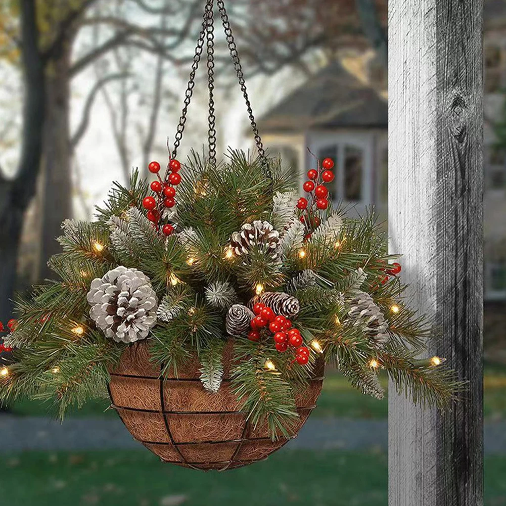 Voltsify Pre Lit Artificial Christmas Hanging Basket with Frosted Pine Cone