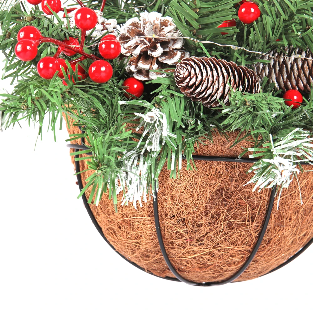 Voltsify Pre Lit Artificial Christmas Hanging Basket with Frosted Pine Cone