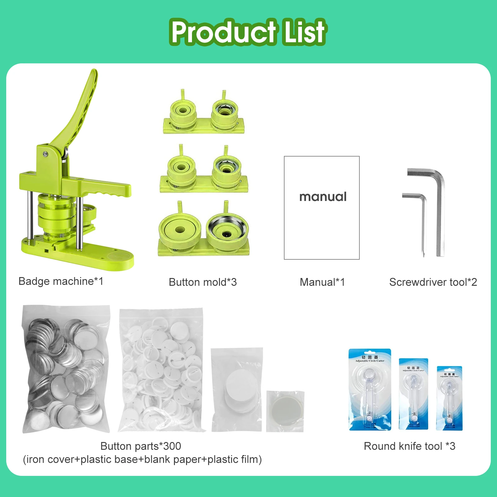 DIY Pin Button Maker Machine 25mm/32mm/58mm Badge Punch Press with 300pcs Button Parts (Green) Simple operation