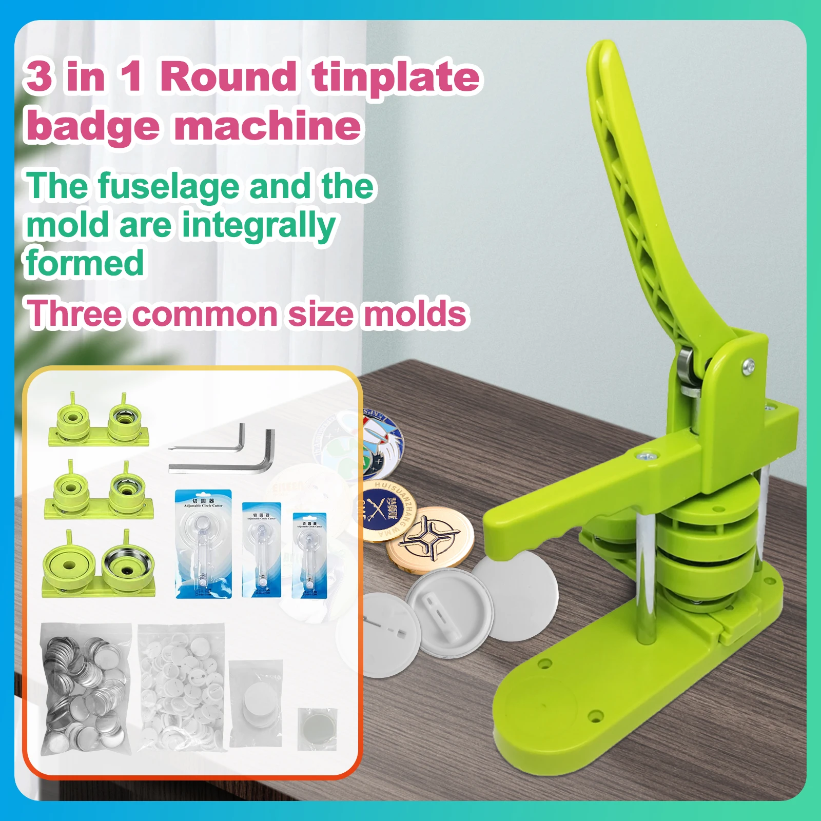 DIY Pin Button Maker Machine 25mm/32mm/58mm Badge Punch Press with 300pcs Button Parts (Green) Simple operation