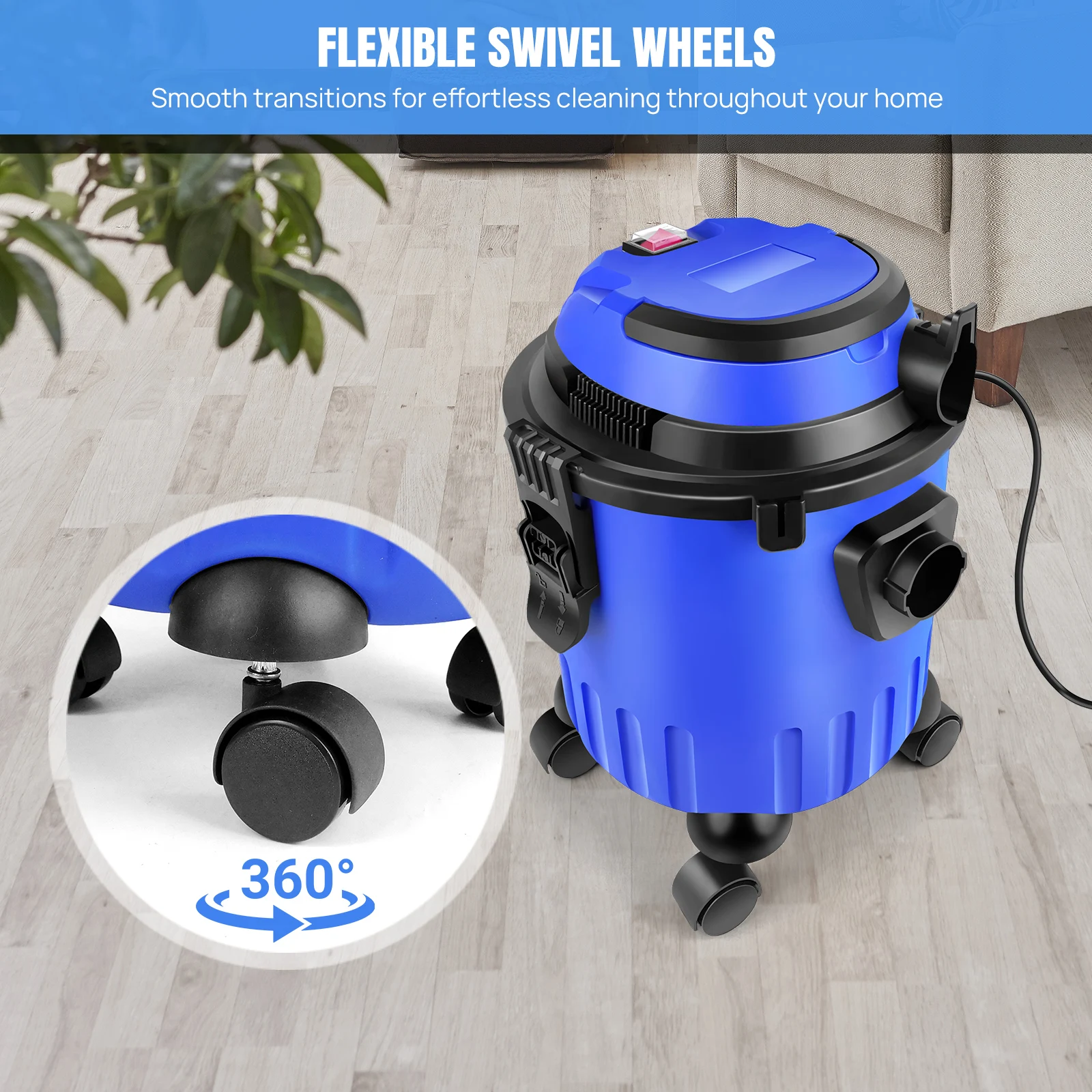 DayPlus NEW Wet and Dry and Blowing 3 IN 1 Vacuum Cleaner, Bagless with HEPA Filter, 4 Caster Wheels for Home/Industrial, 15L