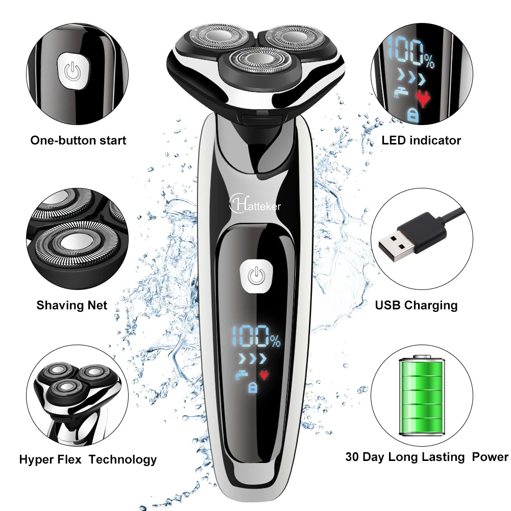 HATTEKER 3-in-1 Electric Razor for Men Wet/Dry Body Beard Hair Trimmer Rechargeable Electric Shaver Face Shaving Machine Kit