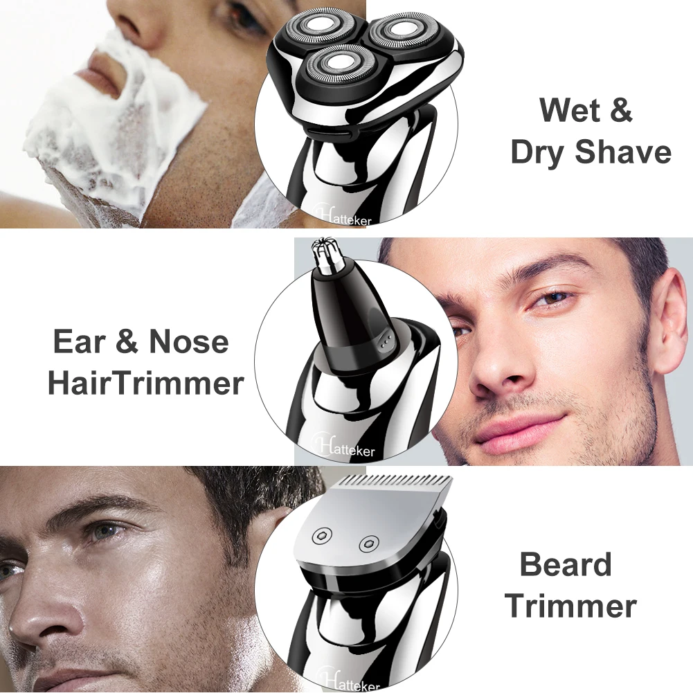 HATTEKER 3-in-1 Electric Razor for Men Wet/Dry Body Beard Hair Trimmer Rechargeable Electric Shaver Face Shaving Machine Kit