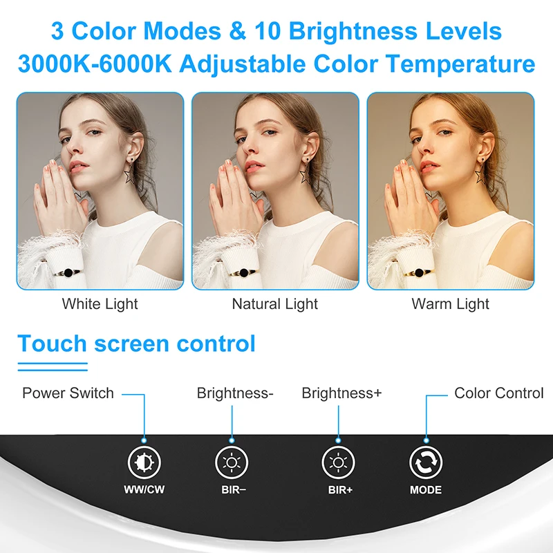 18"Ring Lights 3000-6000k Adjustable Color Touch Mode Light With 3 Phone Holder Remote Control for Streaming/Makeup Studio Light