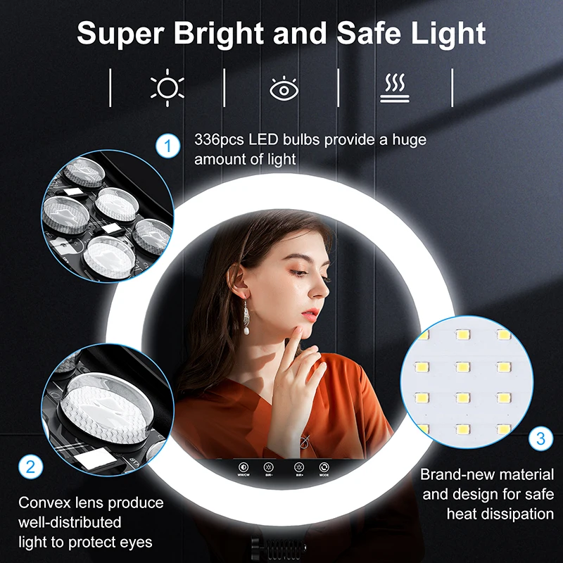 18"Ring Lights 3000-6000k Adjustable Color Touch Mode Light With 3 Phone Holder Remote Control for Streaming/Makeup Studio Light