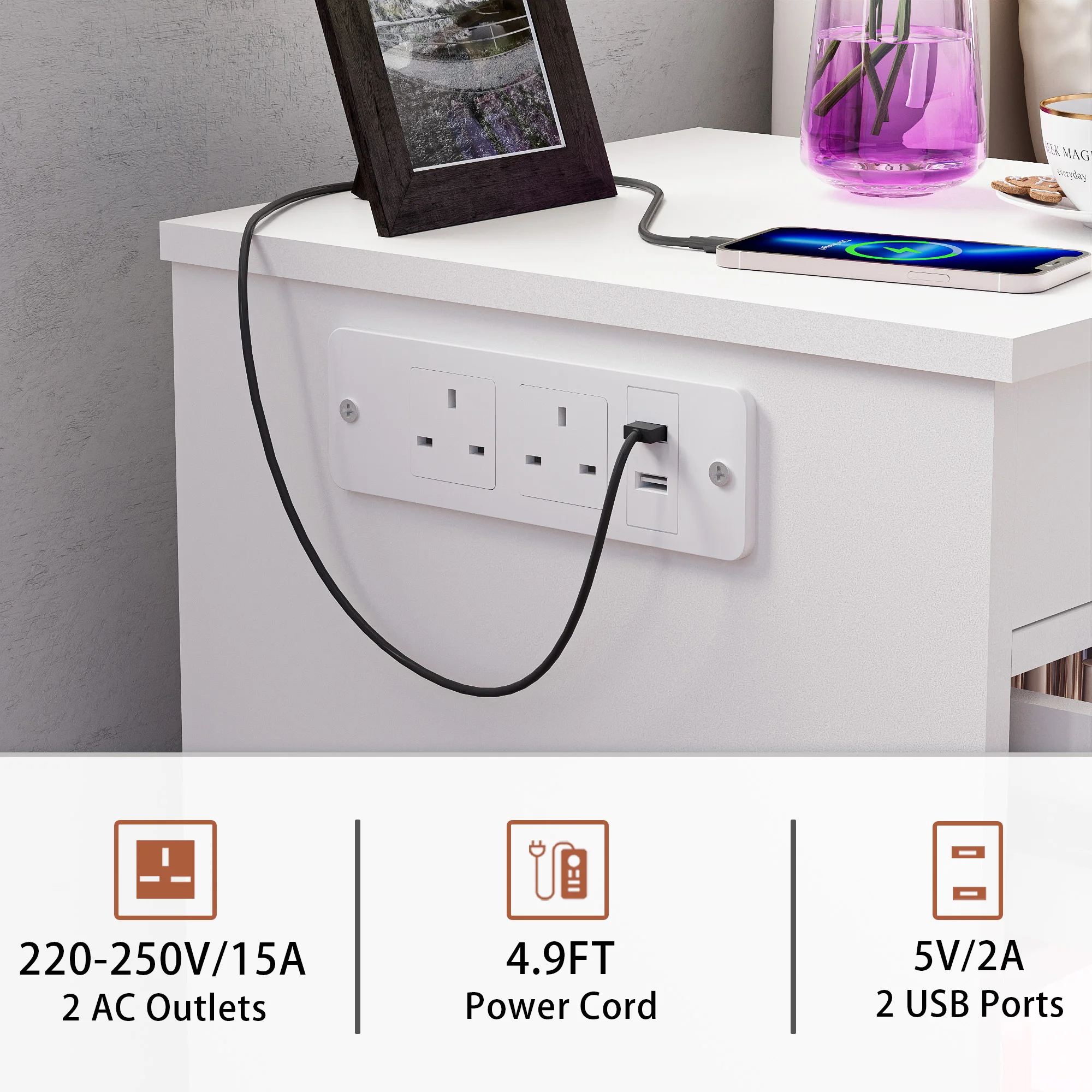 Wooden Flip-top Bedside Table for Bedroom UK Plug with One Drawer/Charging Station 2AC/2USB/1m Light Strip/Open-Shelf Storage