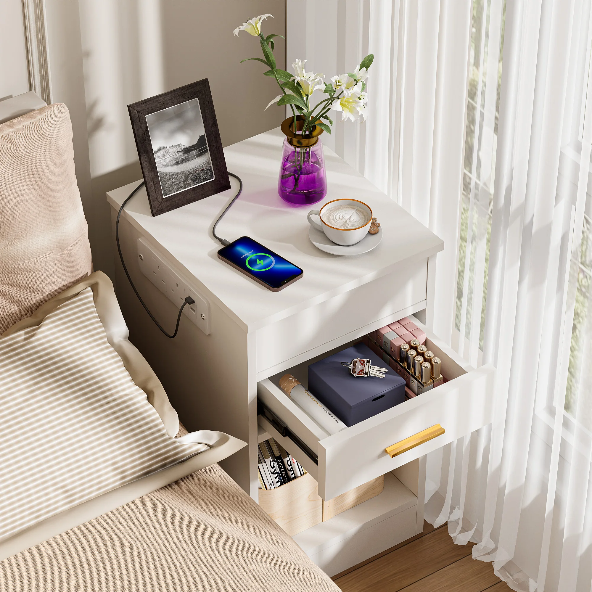 Wooden Flip-top Bedside Table for Bedroom UK Plug with One Drawer/Charging Station 2AC/2USB/1m Light Strip/Open-Shelf Storage