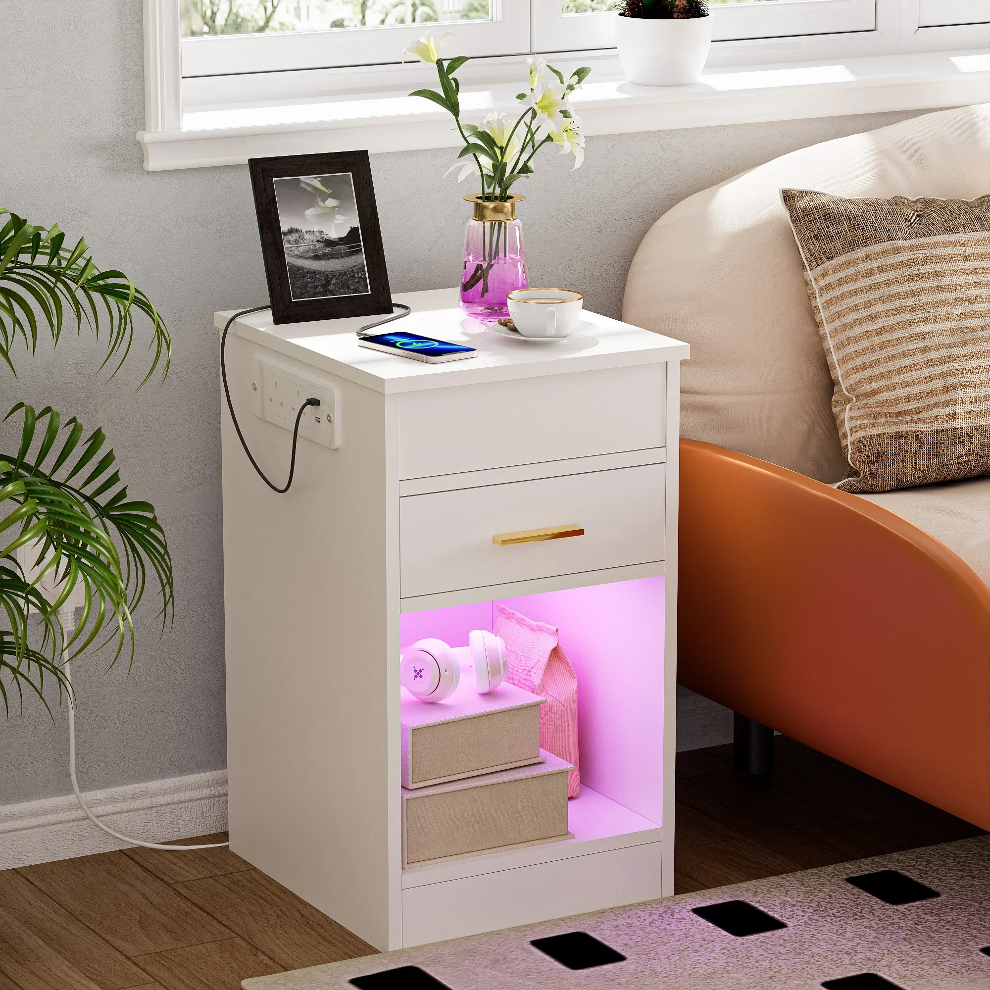 Wooden Flip-top Bedside Table for Bedroom UK Plug with One Drawer/Charging Station 2AC/2USB/1m Light Strip/Open-Shelf Storage