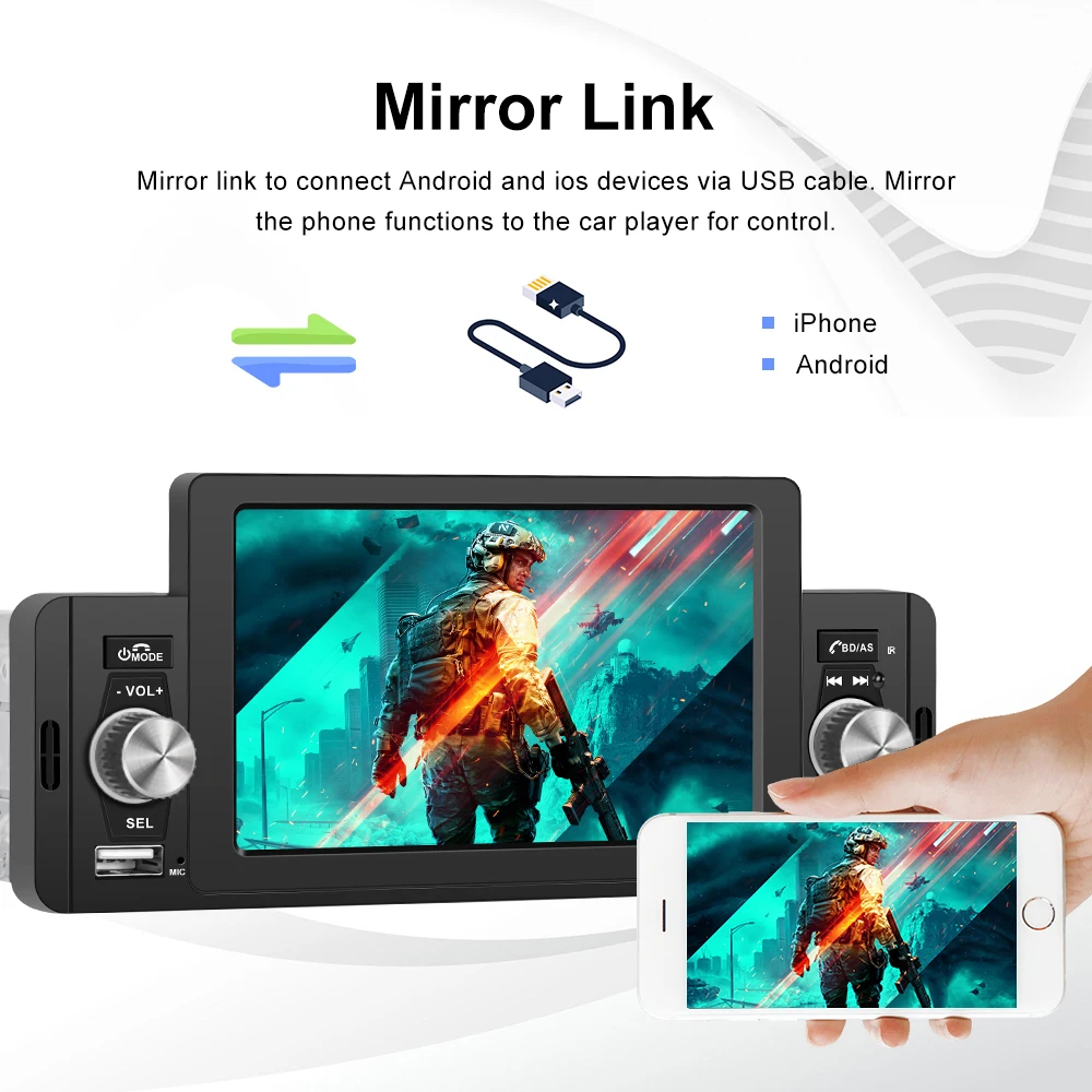 Podofo Carplay Android Auto Car Radio MP5 Player 5 Inch 1 Din Universal Multimedia Player HD Touch Screen BT FM