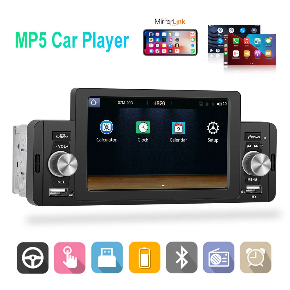 Podofo Carplay Android Auto Car Radio MP5 Player 5 Inch 1 Din Universal Multimedia Player HD Touch Screen BT FM