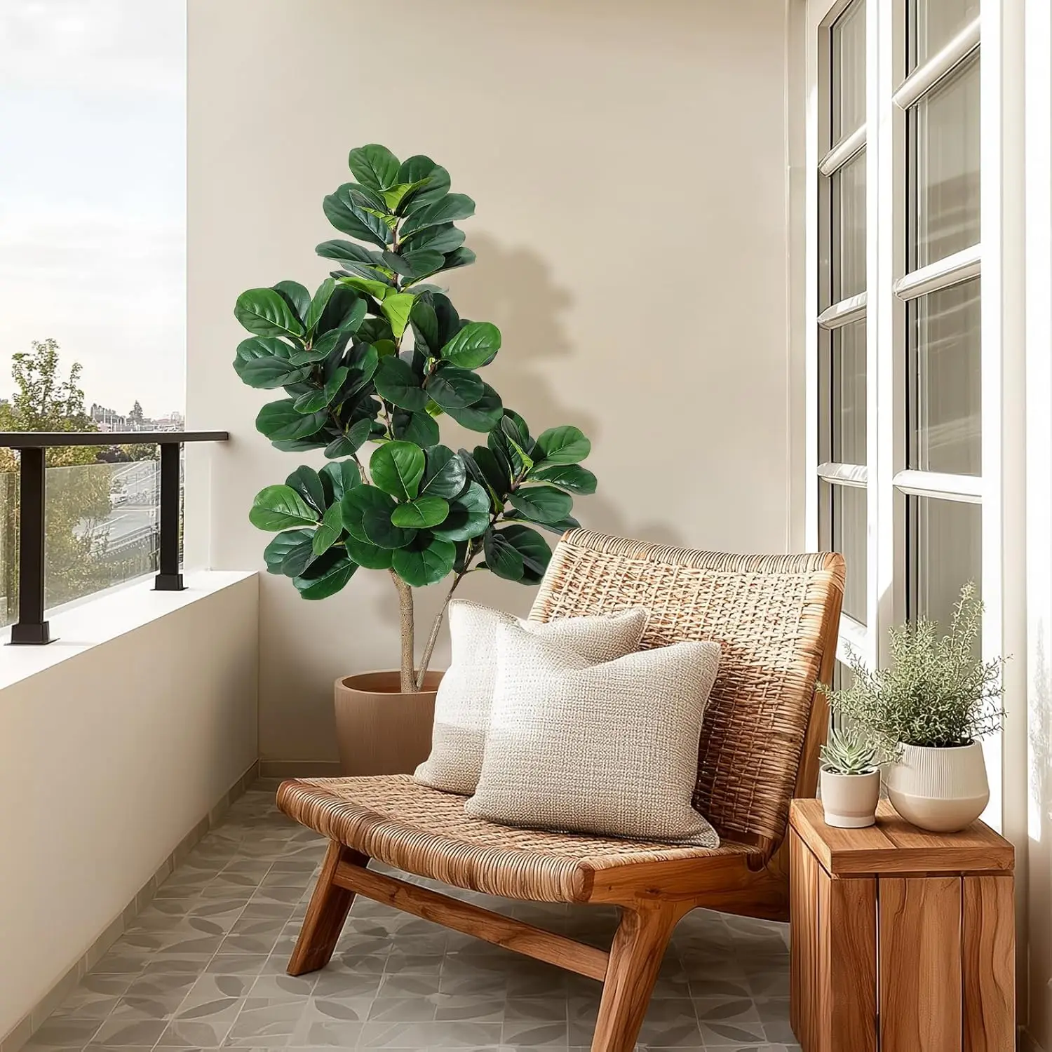 5FT Fiddle Leaf Fig Tree Artificial with 77 Leaves - Realistic Faux Ficus Lyrata Trees in 7.8" Grey Planter Pot, Indoor Fake Flo