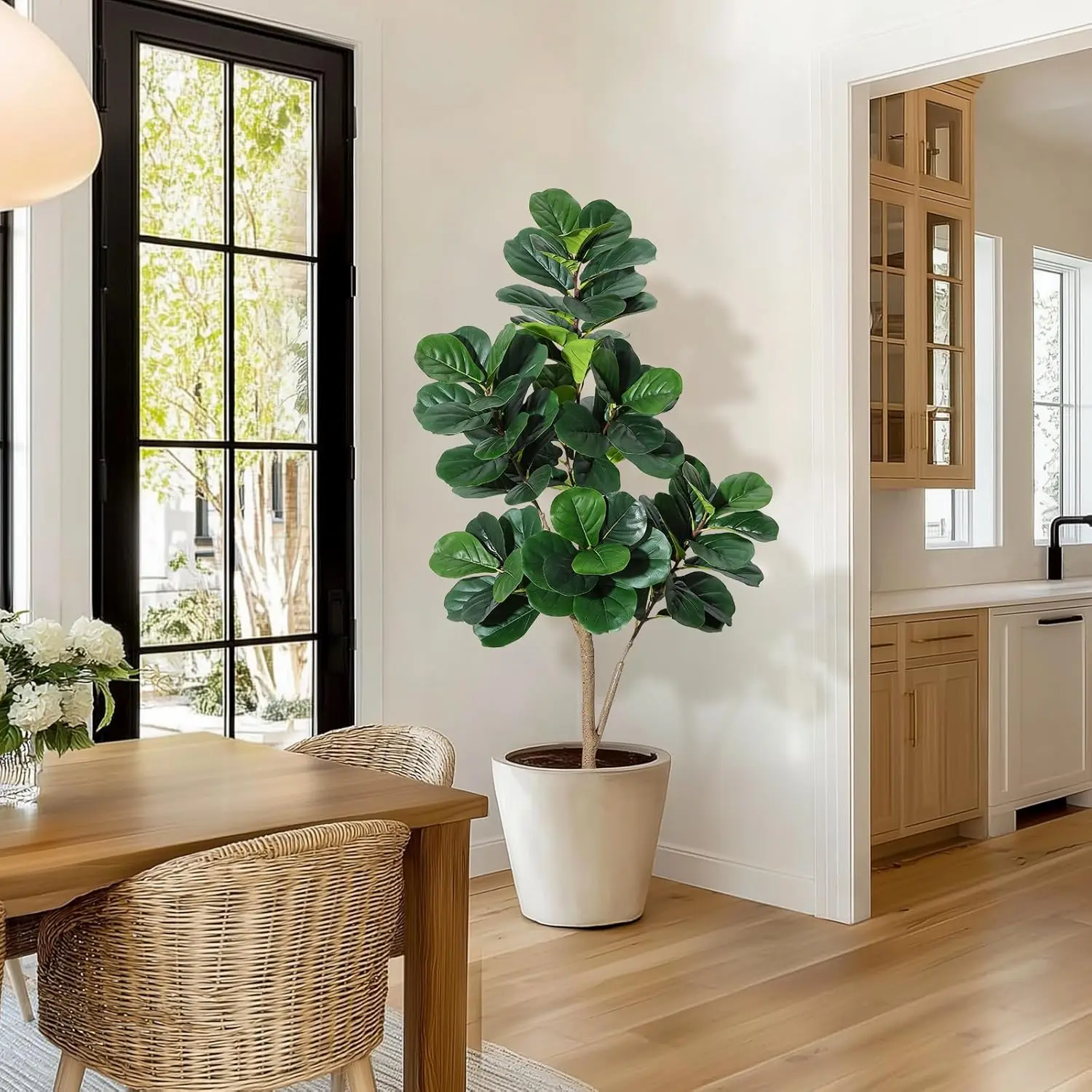 5FT Fiddle Leaf Fig Tree Artificial with 77 Leaves - Realistic Faux Ficus Lyrata Trees in 7.8" Grey Planter Pot, Indoor Fake Flo
