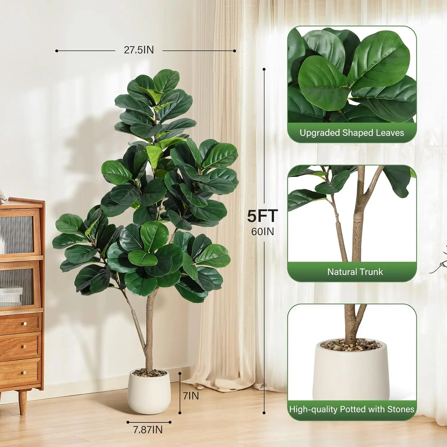 5FT Fiddle Leaf Fig Tree Artificial with 77 Leaves - Realistic Faux Ficus Lyrata Trees in 7.8" Grey Planter Pot, Indoor Fake Flo
