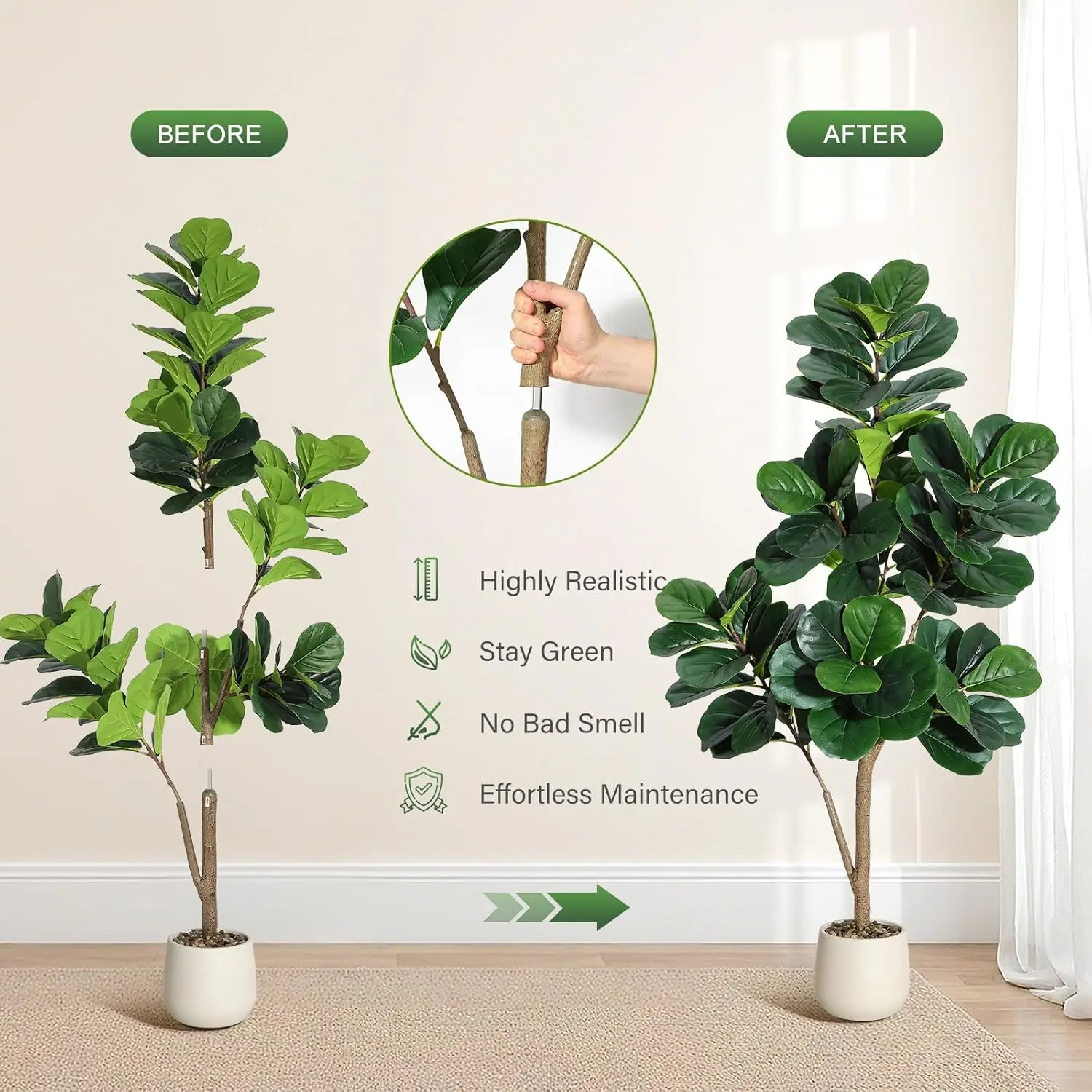 5FT Fiddle Leaf Fig Tree Artificial with 77 Leaves - Realistic Faux Ficus Lyrata Trees in 7.8" Grey Planter Pot, Indoor Fake Flo