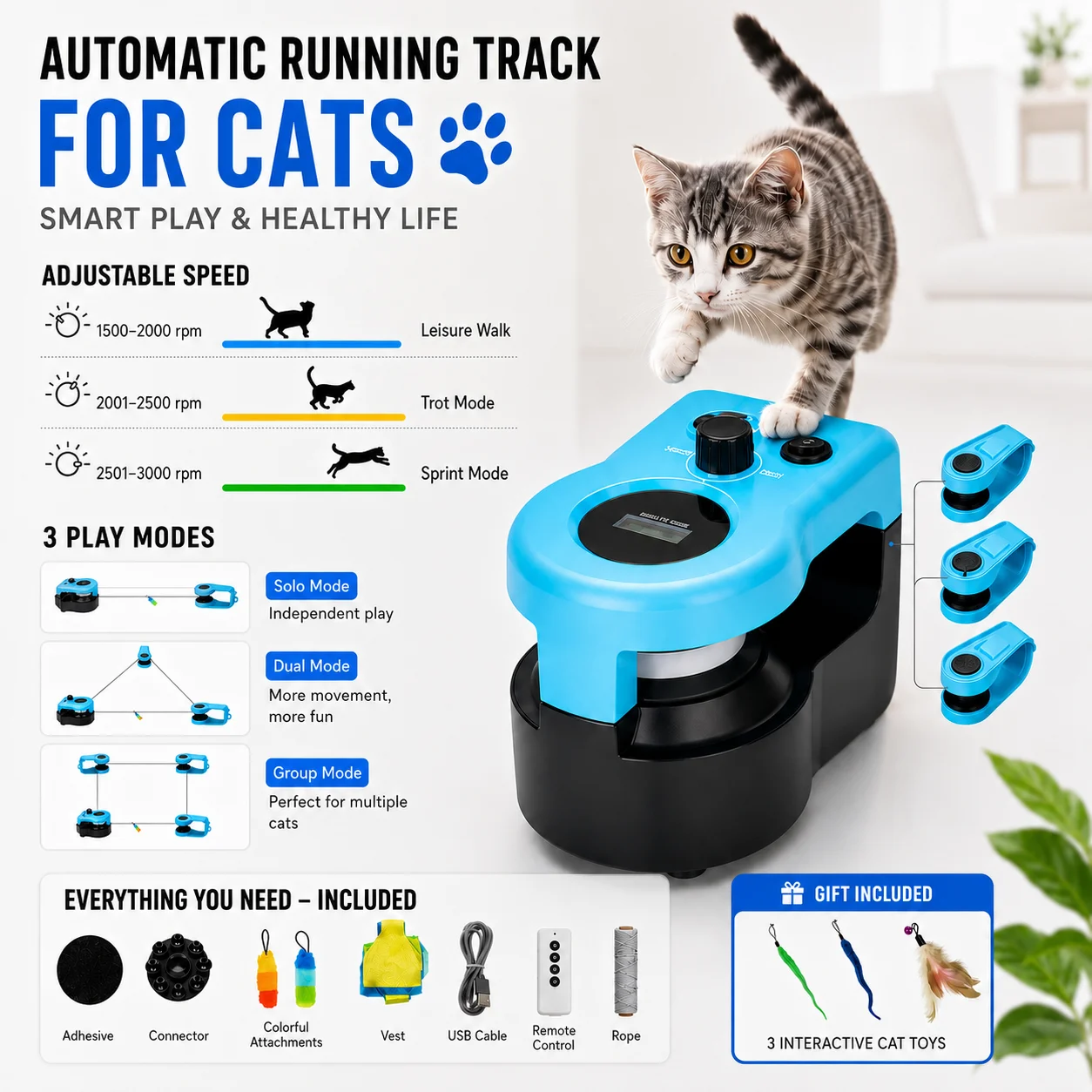 Remote Control Cat Race Toy Adjustable Speed,Automatic Cat String Chasing Toy DIY Custom Chase Route Cat Race Game,USB Rechargeable Interactive Cat Toy