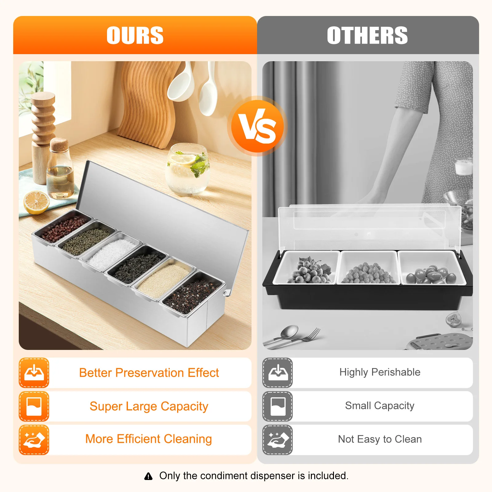 6Compartment Food Grade Stainless Steel Condiment Dispenser Rectangular Design Hygienic Safe Dishwasher Safe for Kitchen Storage
