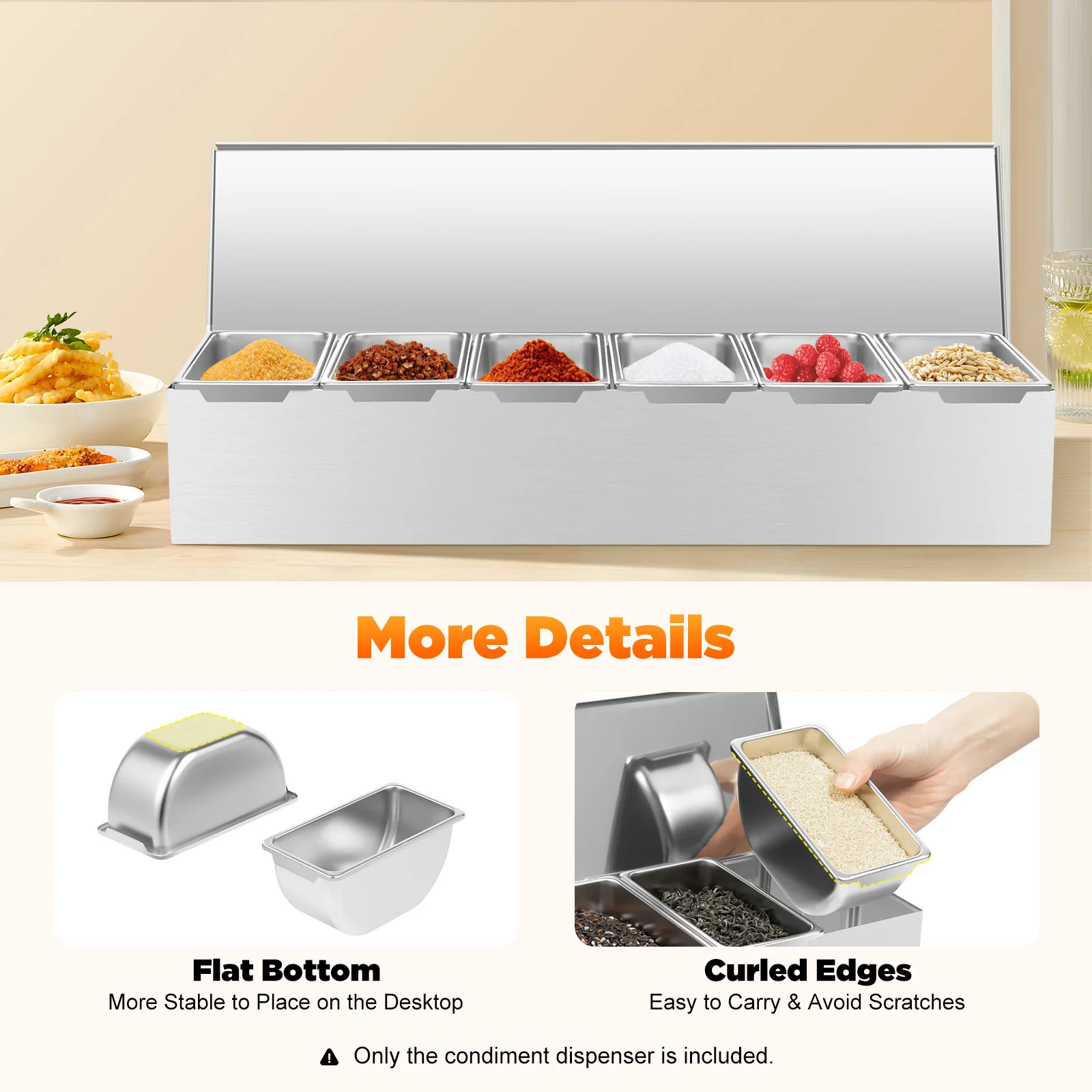 6Compartment Food Grade Stainless Steel Condiment Dispenser Rectangular Design Hygienic Safe Dishwasher Safe for Kitchen Storage