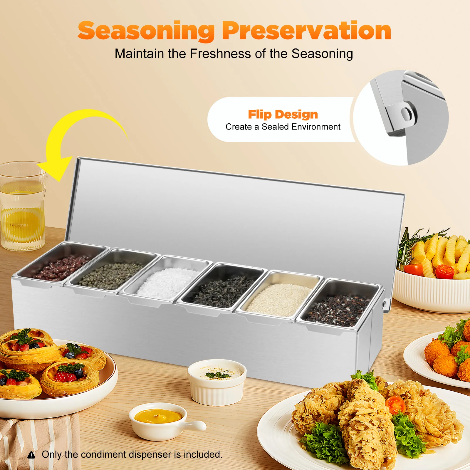 6Compartment Food Grade Stainless Steel Condiment Dispenser Rectangular Design Hygienic Safe Dishwasher Safe for Kitchen Storage