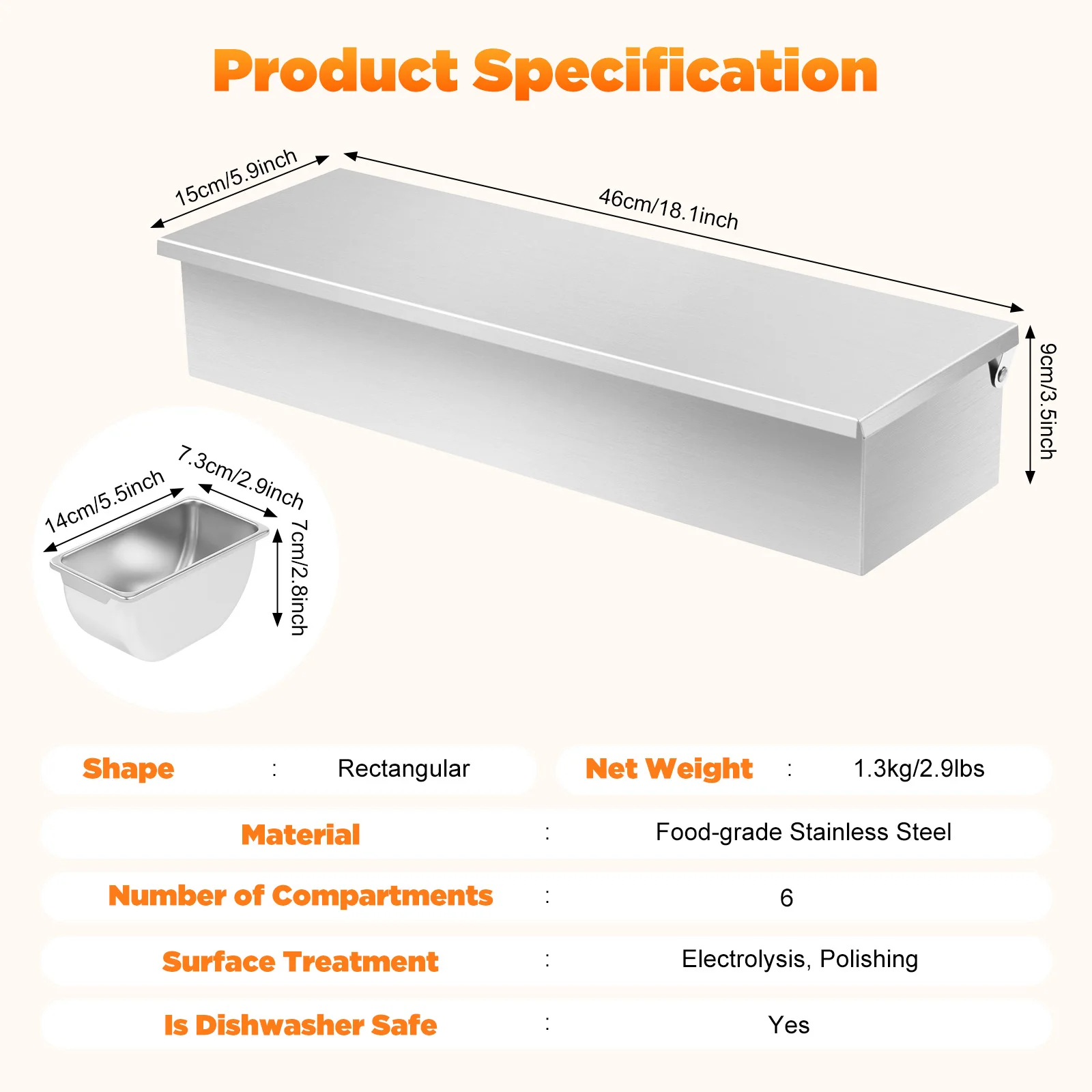 6Compartment Food Grade Stainless Steel Condiment Dispenser Rectangular Design Hygienic Safe Dishwasher Safe for Kitchen Storage