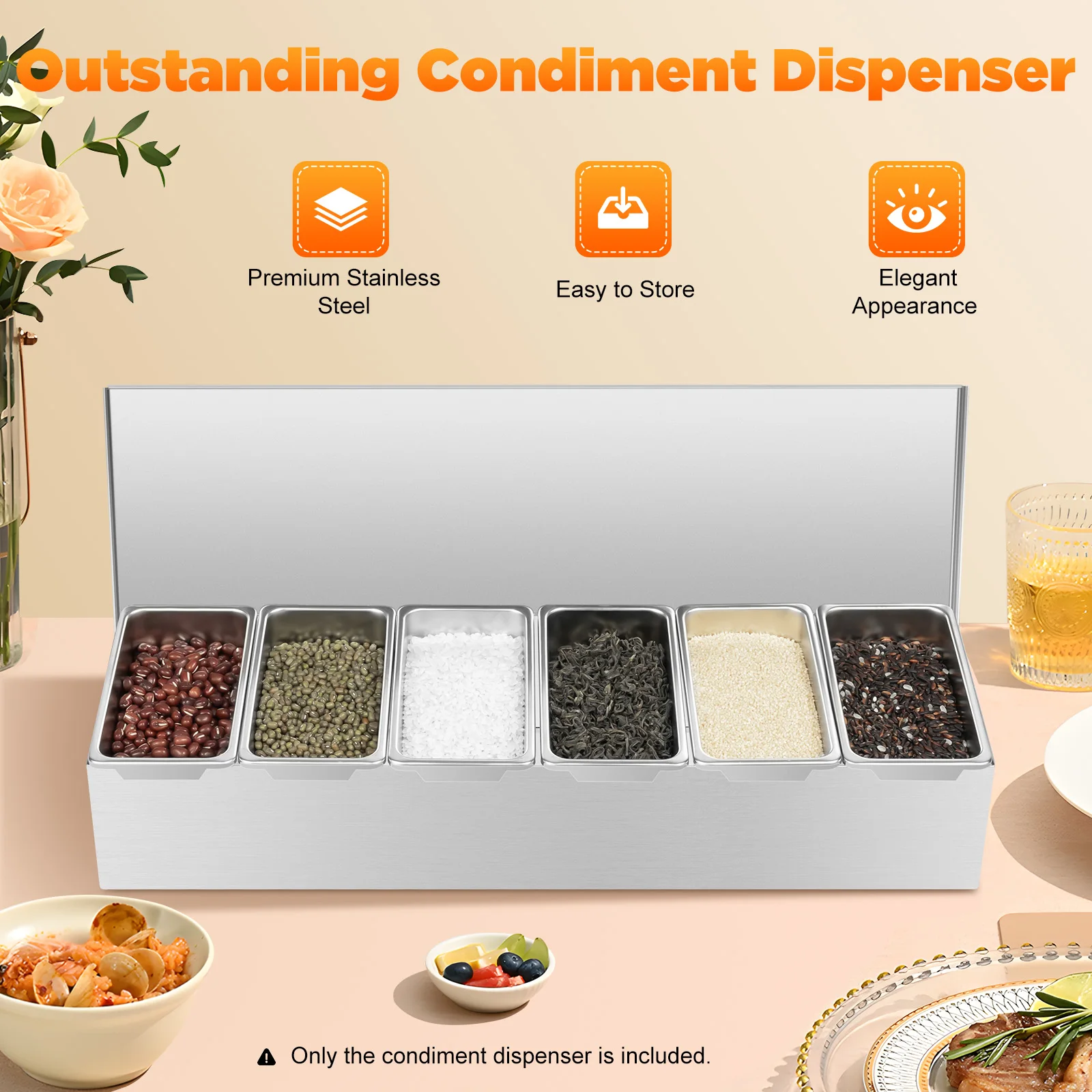 6Compartment Food Grade Stainless Steel Condiment Dispenser Rectangular Design Hygienic Safe Dishwasher Safe for Kitchen Storage