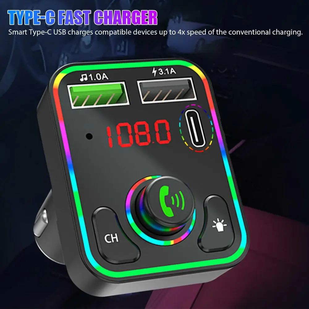 Podofo Car Wireless FM Transmitter Adapter BT 5.0 2 USB Charger Type-C Car Charger FM Transmitter