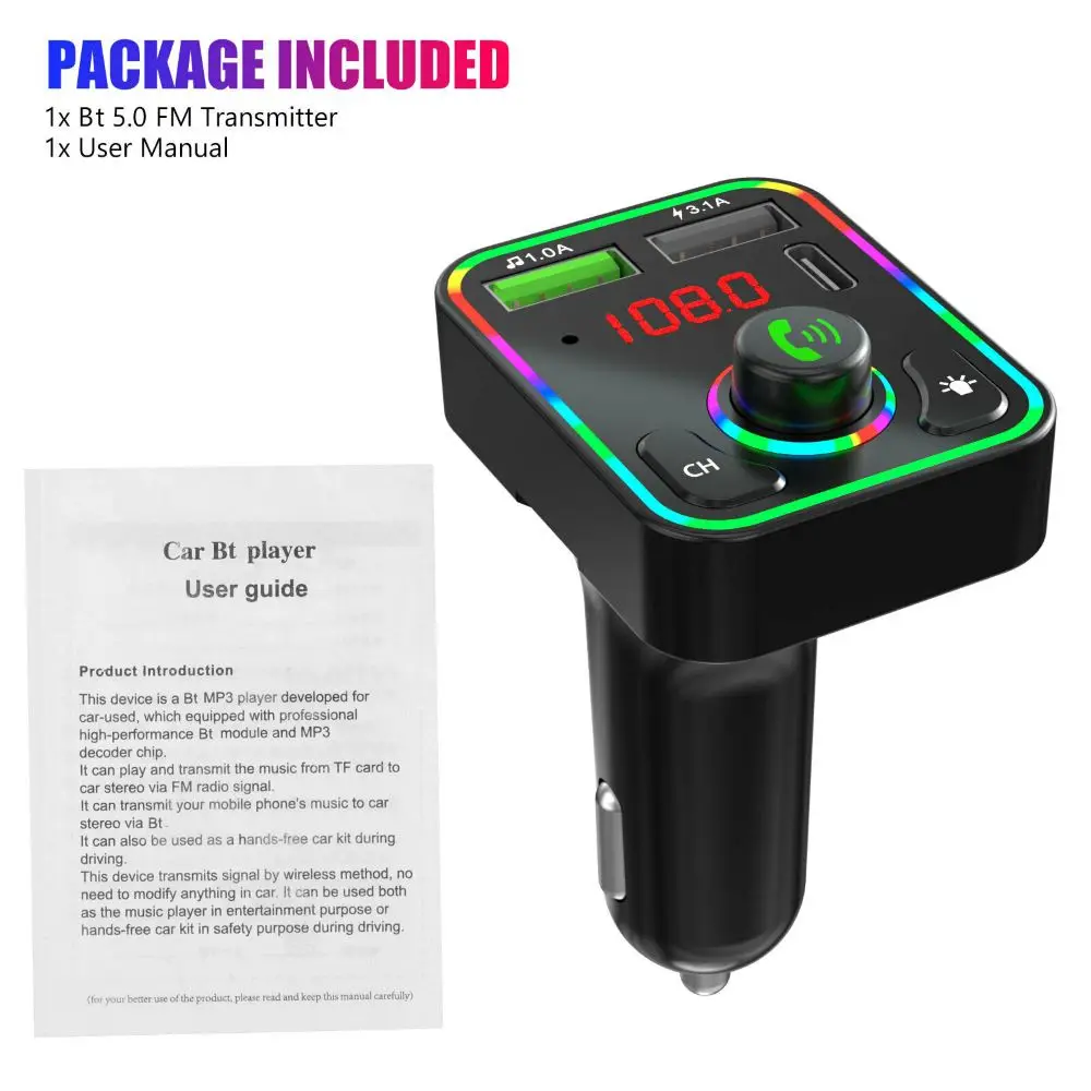 Podofo Car Wireless FM Transmitter Adapter BT 5.0 2 USB Charger Type-C Car Charger FM Transmitter