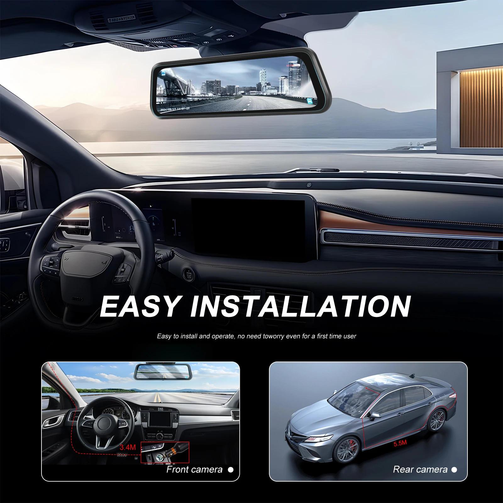 Podofo Car DVR Recorder Parking Mirror Monitor 9.66 Inch 1080P HD Dual Lens Automobile Dash Cam 24-Hour Parking Monitor
