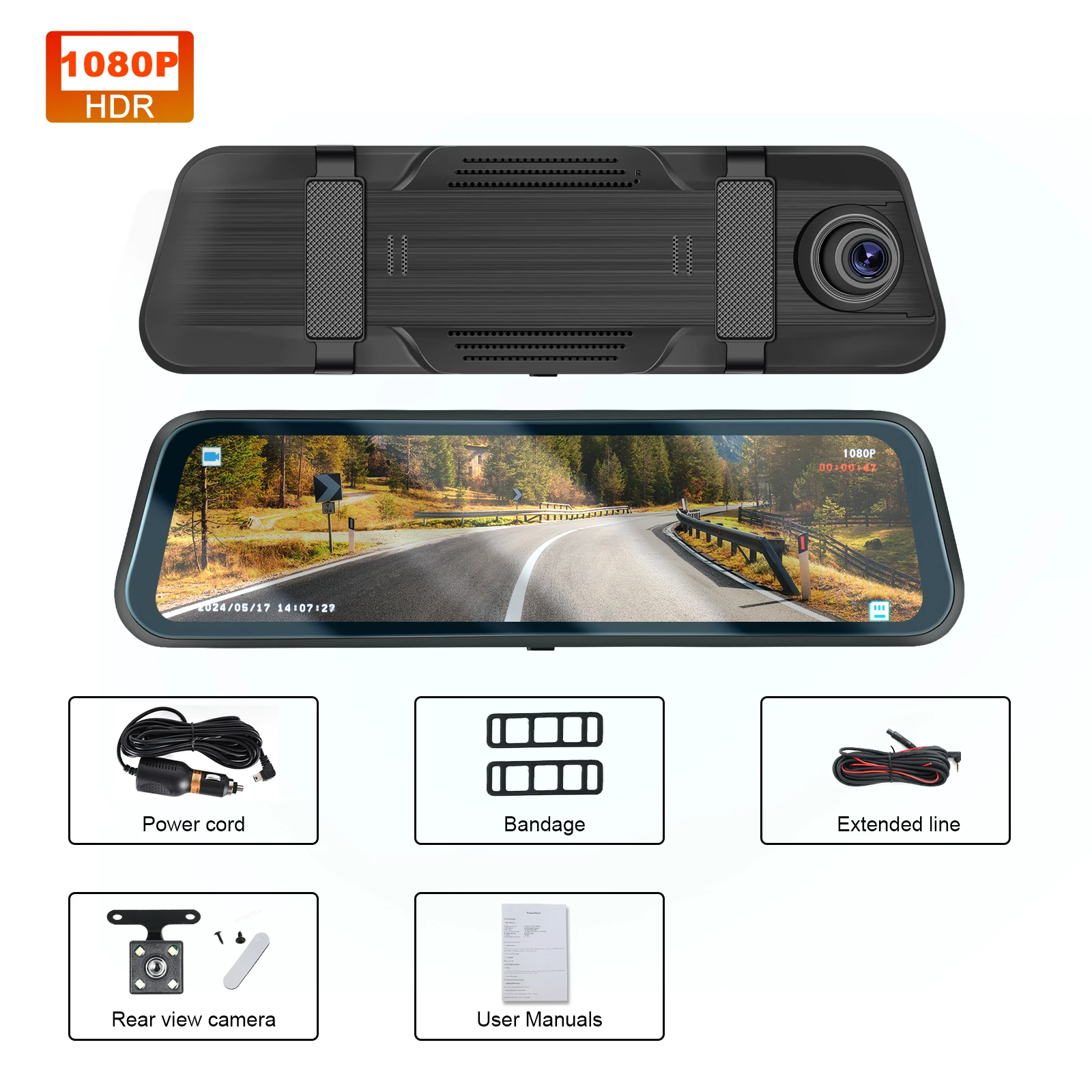 Podofo Car DVR Recorder Parking Mirror Monitor 9.66 Inch 1080P HD Dual Lens Automobile Dash Cam 24-Hour Parking Monitor